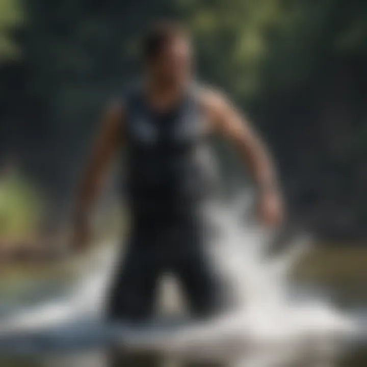 User testing the fit of Liquid Force wakeboard vest on the water