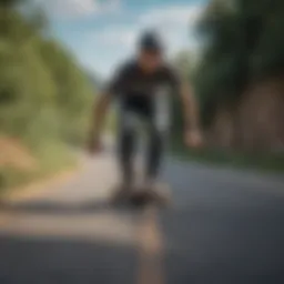 Dynamic longboard rider showcasing advanced techniques on a scenic downhill path