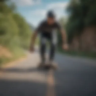 Dynamic longboard rider showcasing advanced techniques on a scenic downhill path