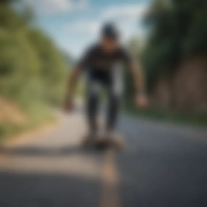 Dynamic longboard rider showcasing advanced techniques on a scenic downhill path
