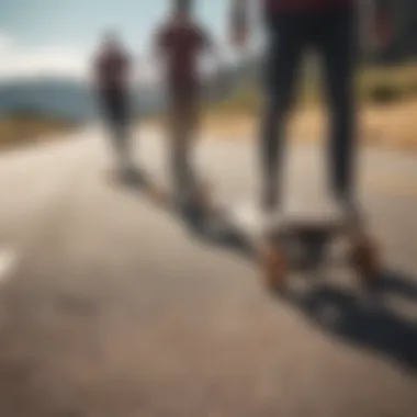 Group of longboarders enjoying a ride together on a sunny day