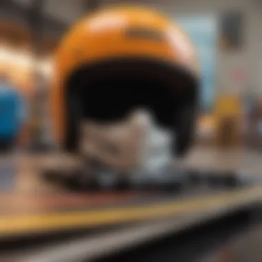 Safety gear including helmet and pads displayed against a vibrant backdrop