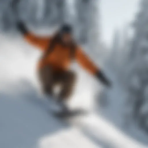 Snowboarder carving through powdery slopes
