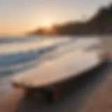 A serene seascape with a longboard resting on the shore