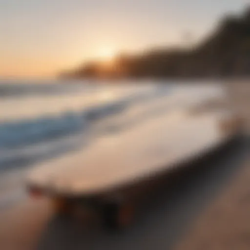 A serene seascape with a longboard resting on the shore