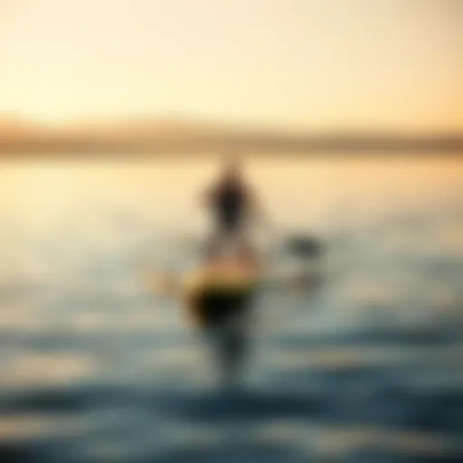 Gliding on Tranquility: Paddle Boarding on a Lake A serene lake with a paddle boarder gliding on the water