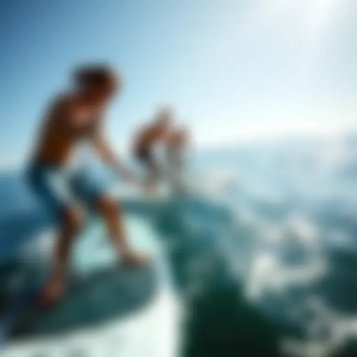Practicing Balance: Techniques for Paddle Board Riding A group of paddle boarders practicing techniques in the ocean