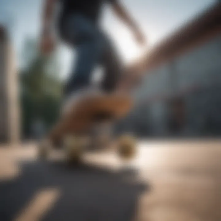 Detailed view of skateboard mechanics during an ollie