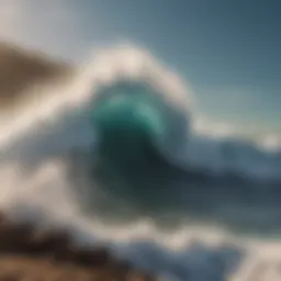 A breathtaking view of the Mavericks Wave crashing against the rocky shoreline.