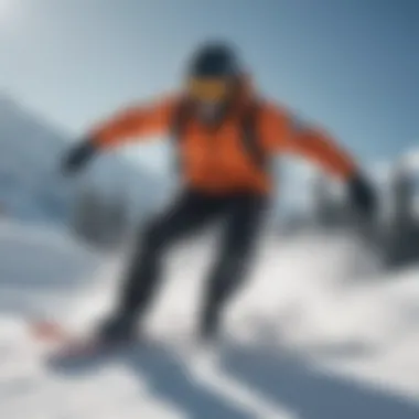 Snowboarder racing down a slope wearing knee protectors