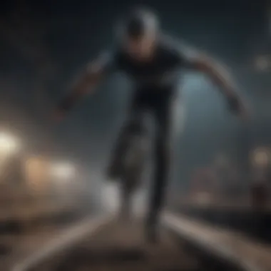 Motion-blurred silhouette of a daring athlete on a mojo rail