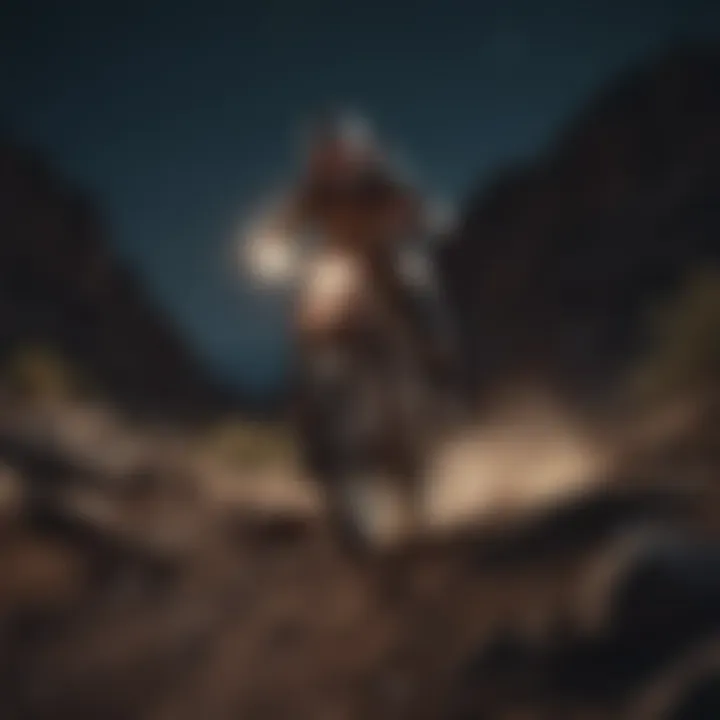 Mountain biker navigating a rugged trail illuminated by the moon