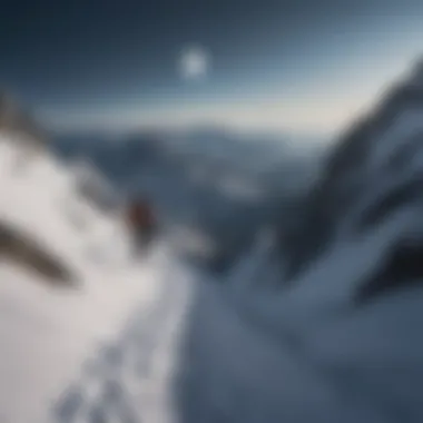 Mountaineer making their way up a snowy peak with moonlight guiding the path