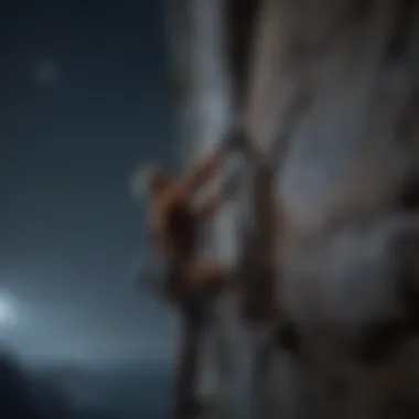 Rock climber scaling a challenging cliff during a moonlit night