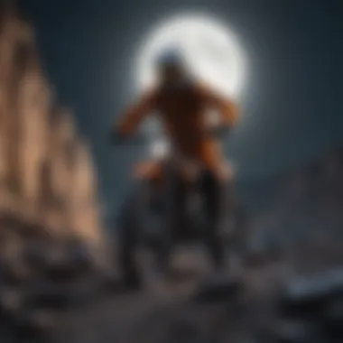 Extreme sports athletes navigating rocky terrain under a full moon