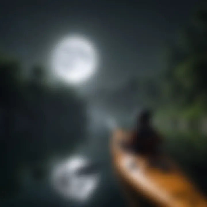 Kayakers paddling in the moonlight on a tranquil lake