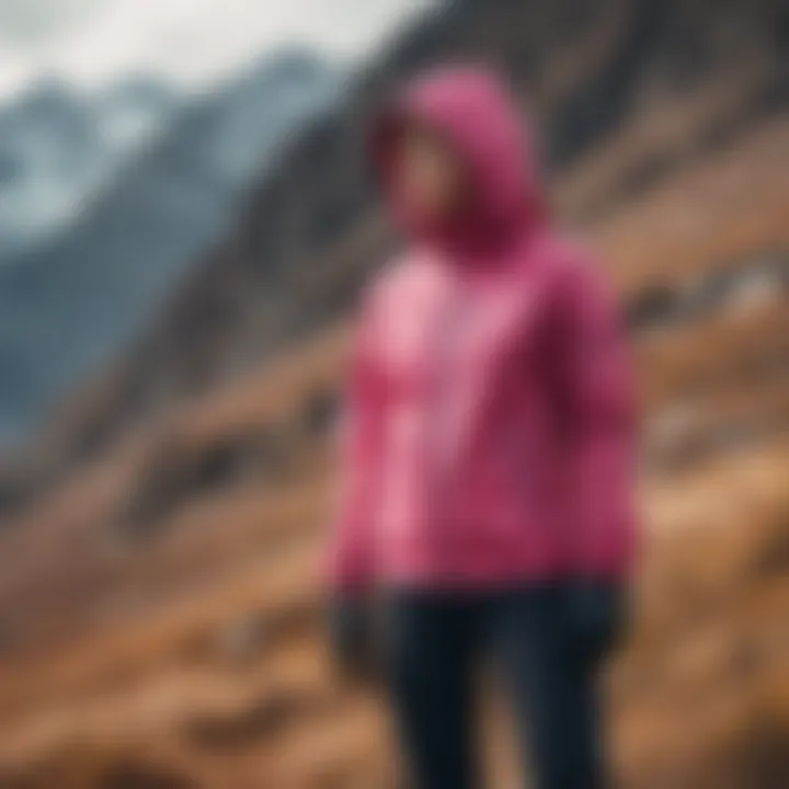 Extreme sports enthusiast wearing a pink windbreaker against a rugged mountain backdrop