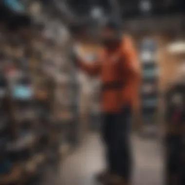 Evaluating Snowboard Equipment A shopper evaluating snowboard equipment in an outlet