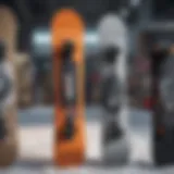 Various types of snowboards displayed in a vibrant retail setting.