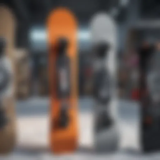 Various types of snowboards displayed in a vibrant retail setting.