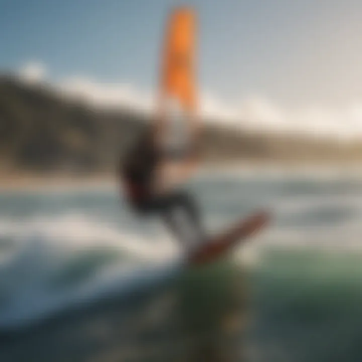 A kite surfer expertly maneuvering through waves