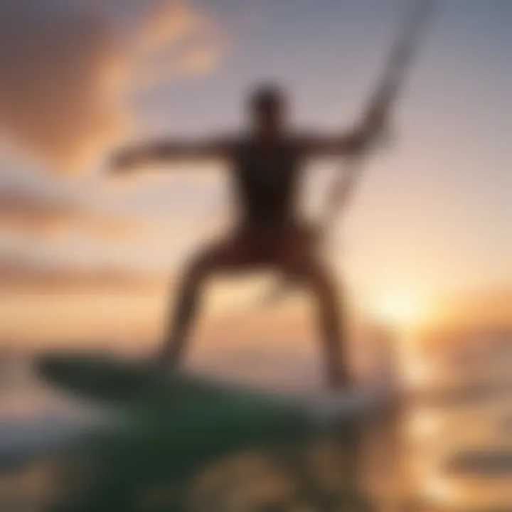 A scenic view of a kite surfer against a vibrant sunset