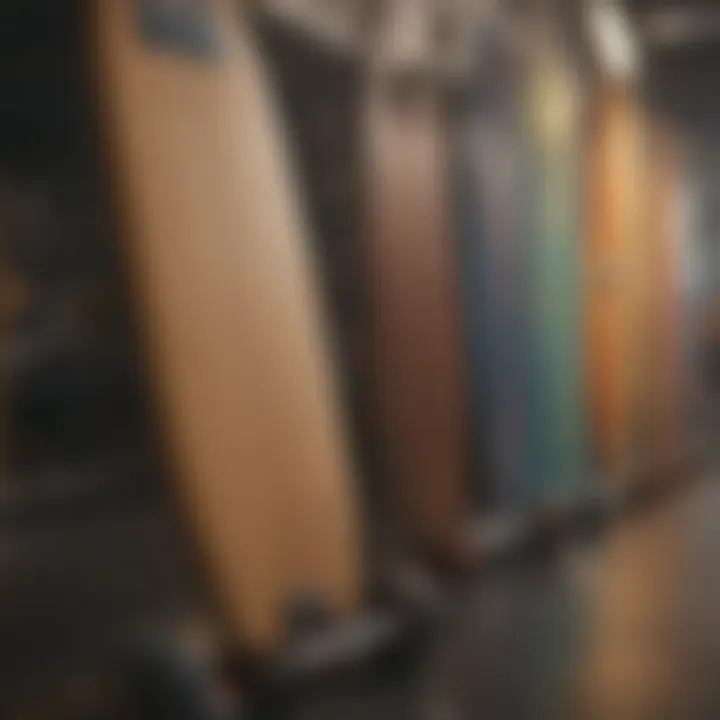 A collection of diverse longboards on display, showcasing different designs and shapes.