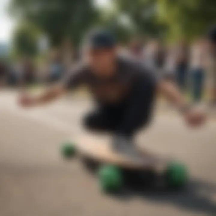 A vibrant group of longboard enthusiasts gathered together at a community event, sharing tips.