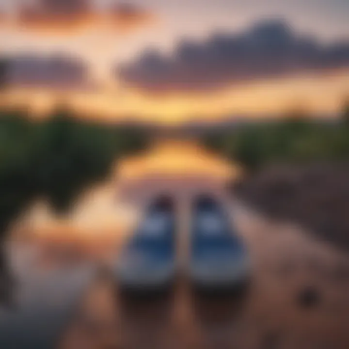 Dramatic sunset over a serene lake with navy Vans slip-ons placed artistically