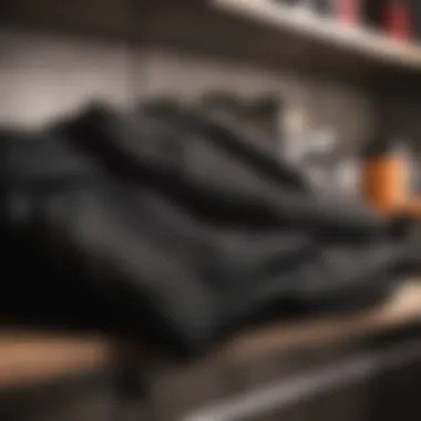 Black sweatpants folded neatly on a shelf