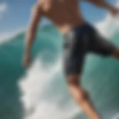 Surfer's Perspective: Neoprene Lined Board Shorts on the Wave Aerial view of a surfer wearing neoprene lined board shorts riding a wave