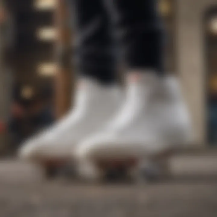 Dynamic action shot featuring the Nike SB Zoom Blazer Mid Premium White during a skateboard trick.