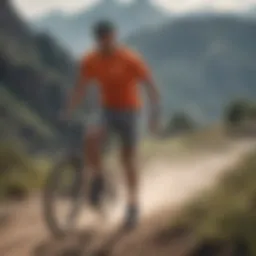 Dynamic athlete showcasing flexibility in Nike sweat shorts during a mountain biking session.