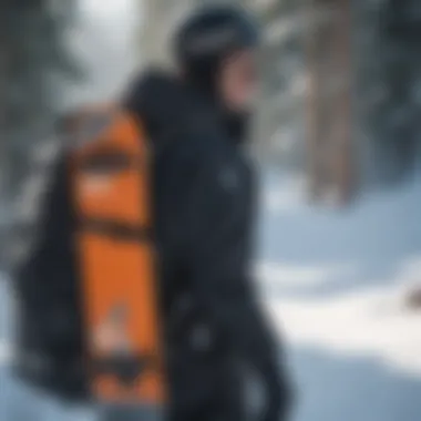 Snowboarder confidently carrying a well-organized bag