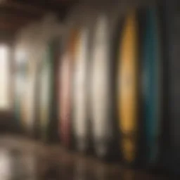 A visually striking outdoor surf rack displaying multiple surfboards organized neatly.