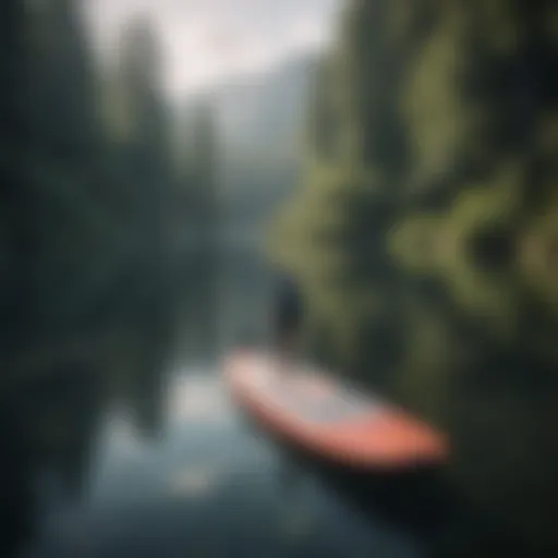 A serene lake with paddle boards ready for use