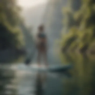 A paddle boarder performing a graceful yoga pose on the board surrounded by nature