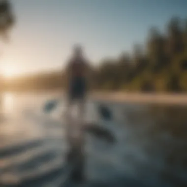 A scenic view of a paddleboarder navigating calm waters