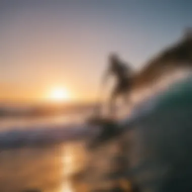 A paddleboarder gracefully catching a wave at sunrise