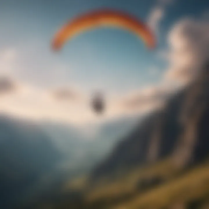 Paraglider soaring through dramatic mountain landscape