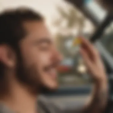 Person smiling while placing Post Malone air freshener in car