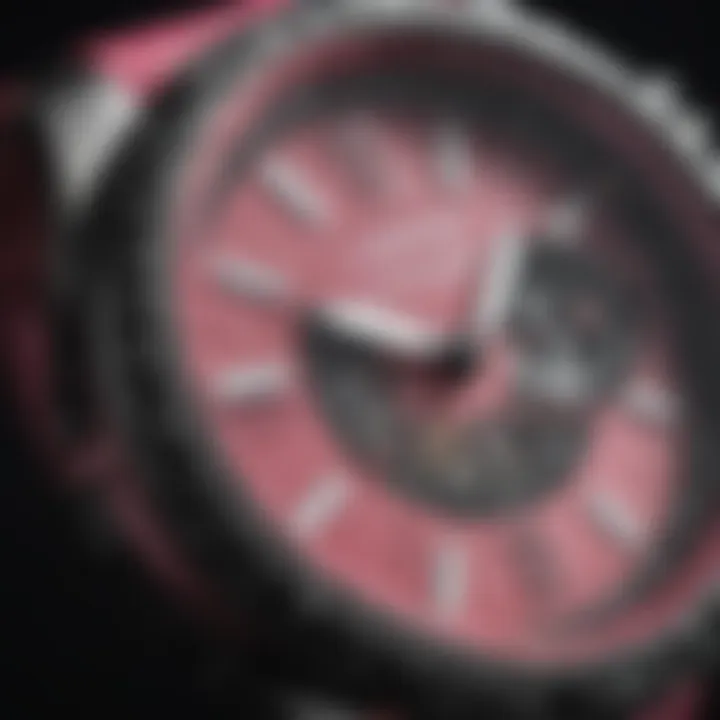 Close-up of pink shark watch dial with intricate details