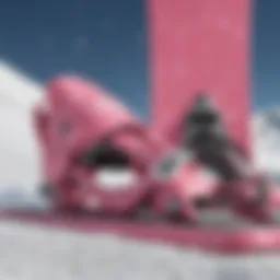 Stylish pink snowboard bindings showcased against a snowy backdrop