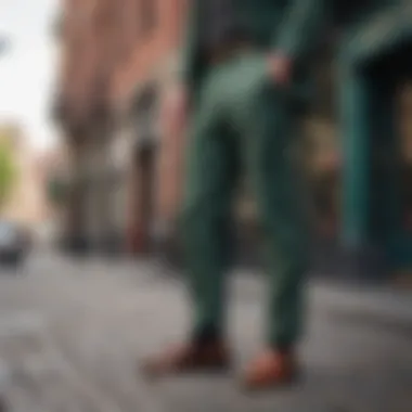 Green plaid pants styled with leather loafers on city street