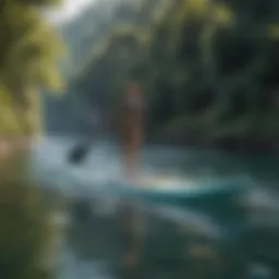 Dynamic powered SUP board gliding over serene waters