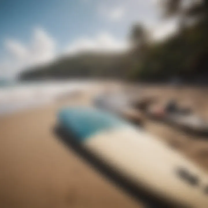 Surfboards lined up on the pristine beach at Rapture Surf Camp