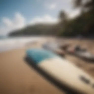 Surfing Essentials Surfboards lined up on the pristine beach at Rapture Surf Camp