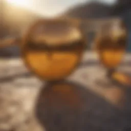 Hexagon-shaped sunglasses in golden hues reflecting sunlight