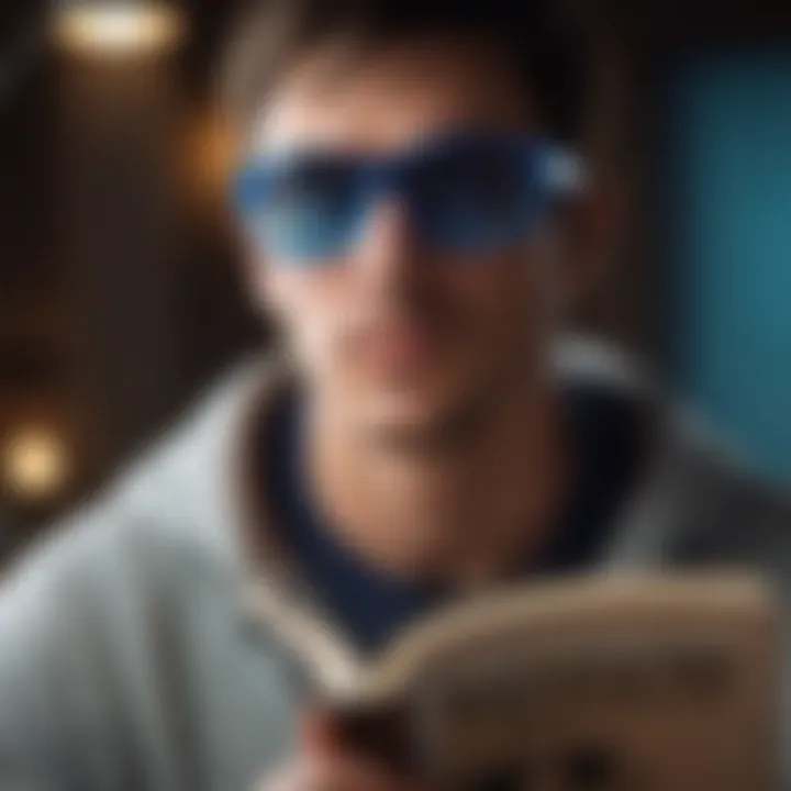 An individual wearing clear blue light glasses while reading a book under warm lighting.