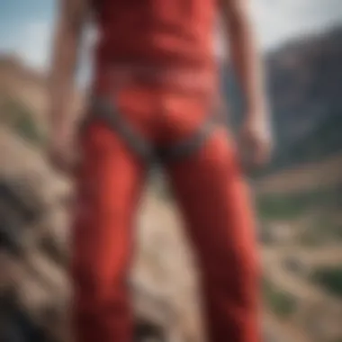 Red bandana pants intertwined with climbing ropes on a rugged terrain